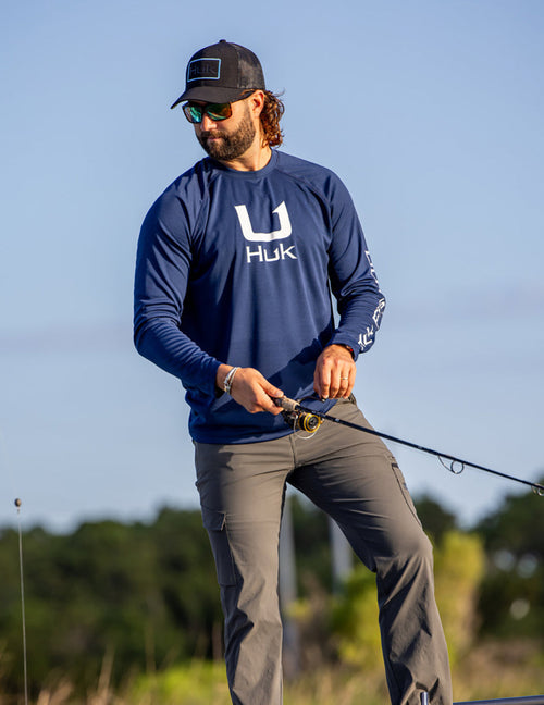 Huk men's Icon Performance Crew in Naval Academy, antimicrobial performance fishing shirt, studio product photo