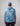 Man wearing blue and white camouflage hoodie with drawstring hood, viewed from back, paired with black pants and light blue c