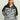 Men's hooded jacket with black sleeves and gray and black tidal map pattern on front and sleeves.