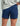 Navy blue shorts with cargo-style pockets, worn with a gray sweatshirt.