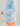 Light blue crew neck sweatshirt with white sleeve text and orange shorts on child model.