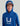 Child wearing blue performance hoodie with white logo and "Huk" branding on chest and sleeve.