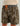 Brown and tan camouflage swim shorts with orange drawstring and gray waistband.